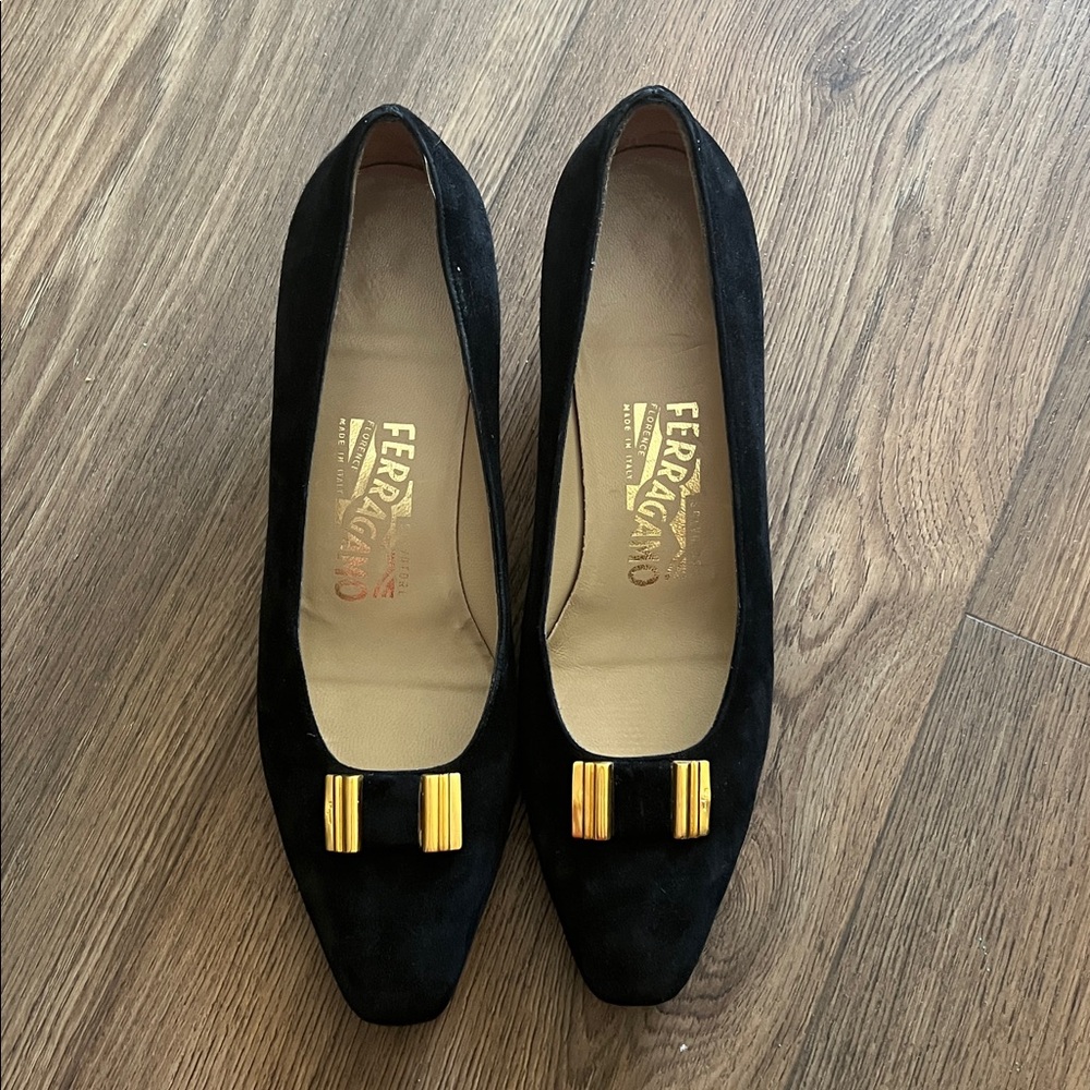 Salvatore Ferragamo Black Suede Flats with Gold Hardware